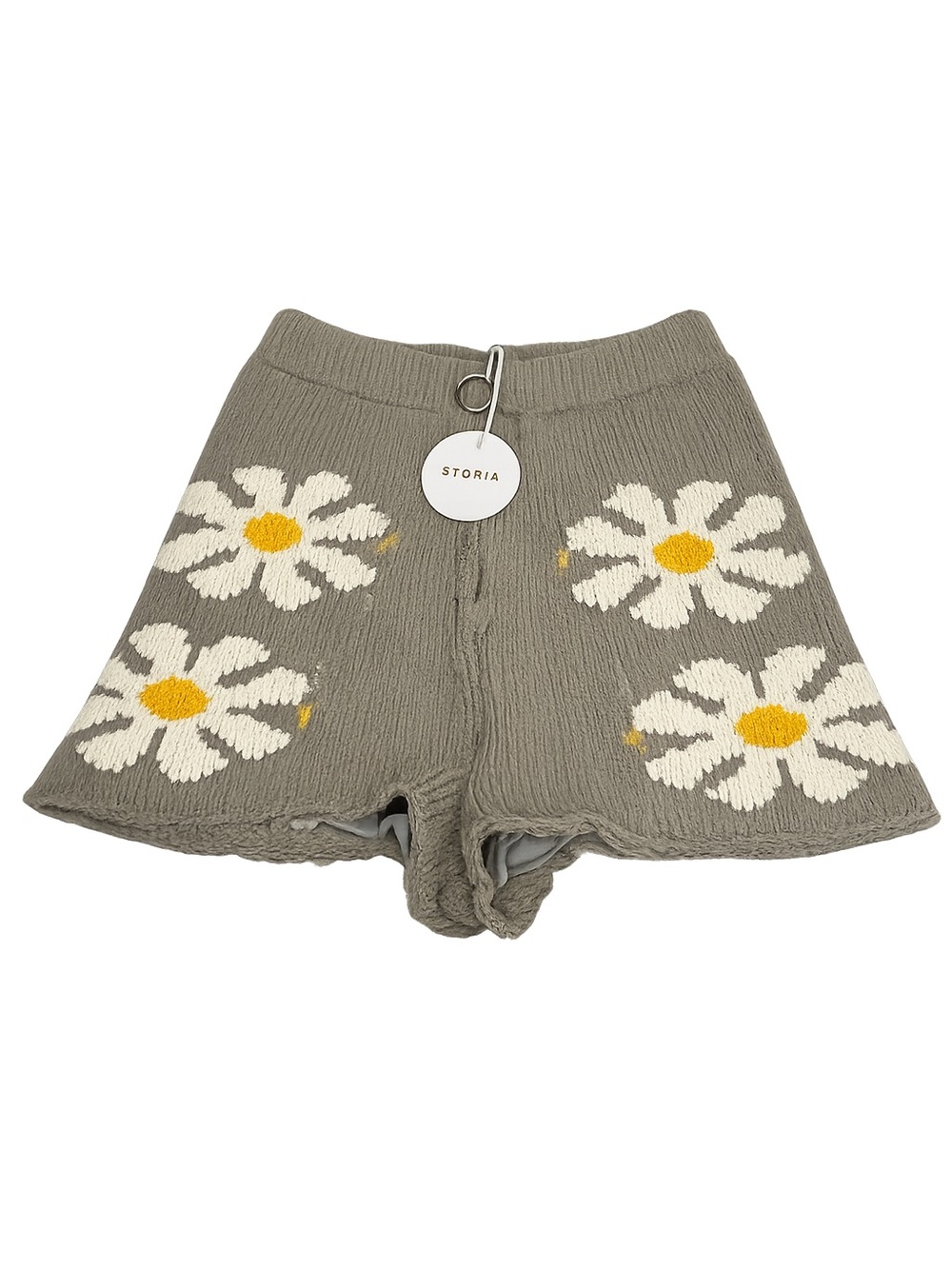 Storia Knit Daisy Shorts Large Gray White Yellow Floral High Waisted Lined NWT - Picture 1 of 9